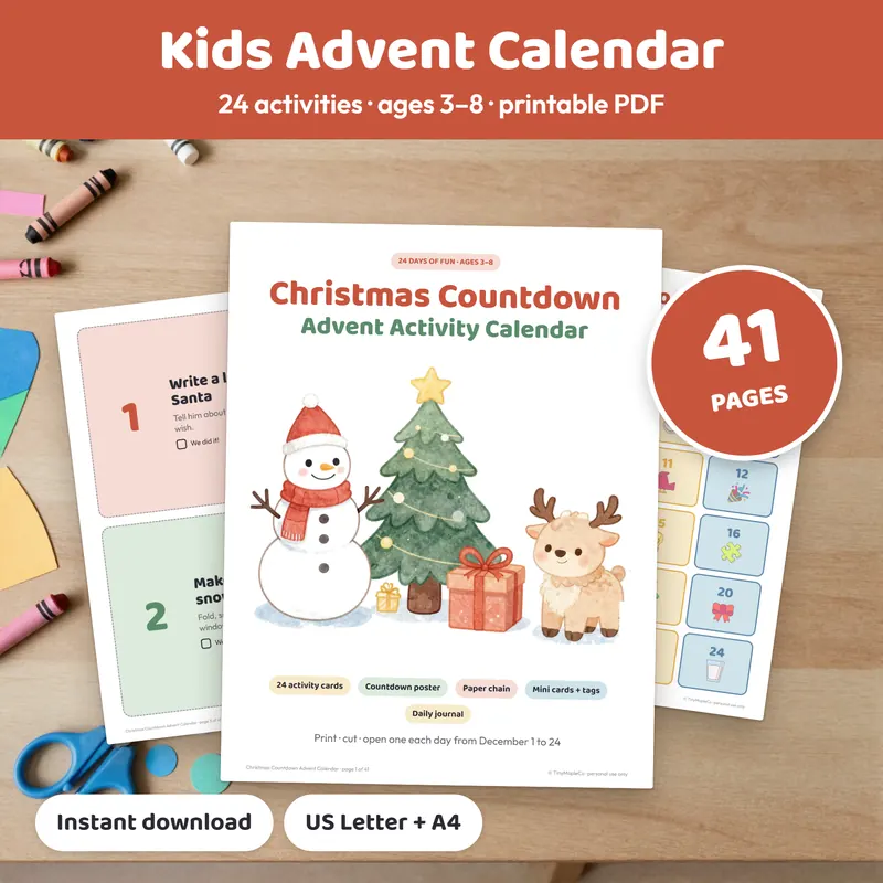 Printable Christmas advent calendar with 24 screen-free activity cards for kids ages 3 to 8