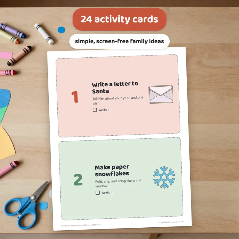 Close-up of a printable advent activity card for December
