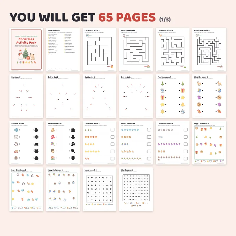 Grid of pages included in the printable Christmas activity pack