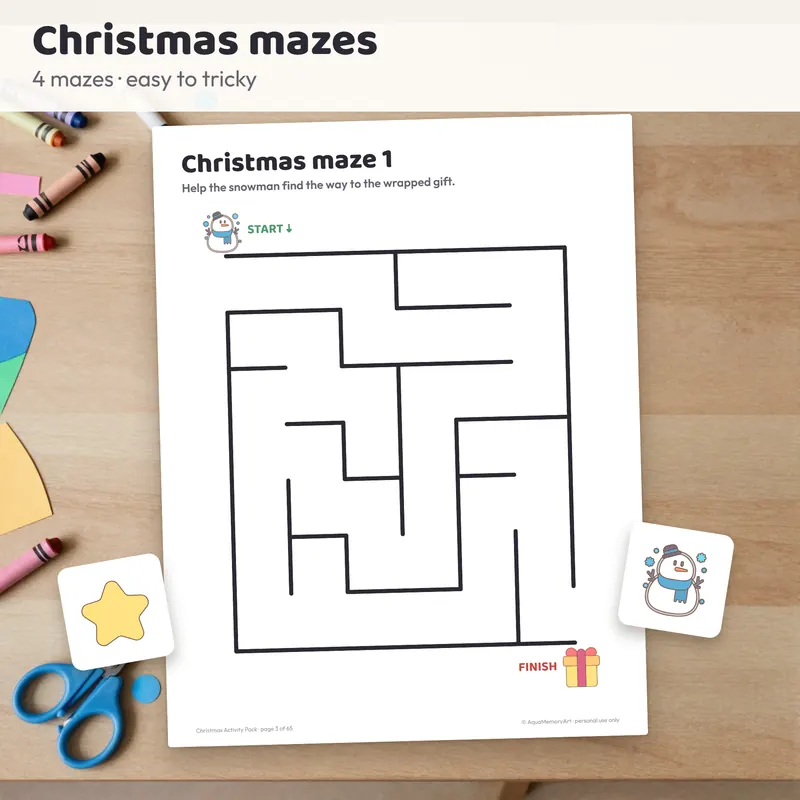 Close-up of a Christmas maze and dot-to-dot worksheet from the activity pack