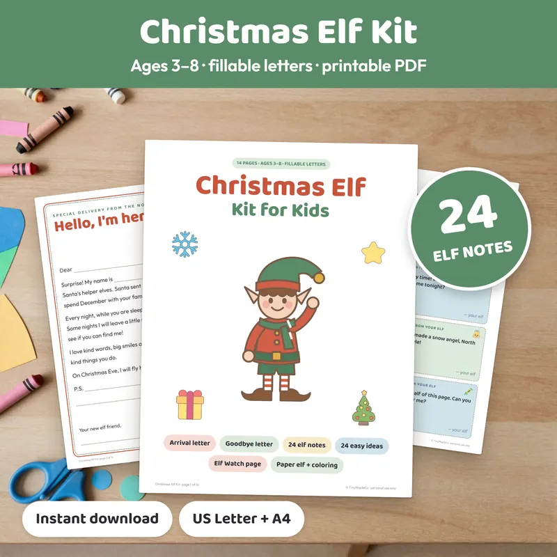 Printable Christmas elf kit with arrival letter, goodbye letter and 24 elf note cards