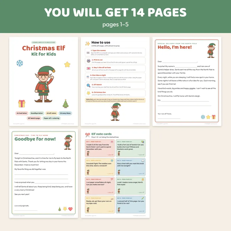 Pages from the Christmas elf kit: idea list, note cards and Elf Watch tracker