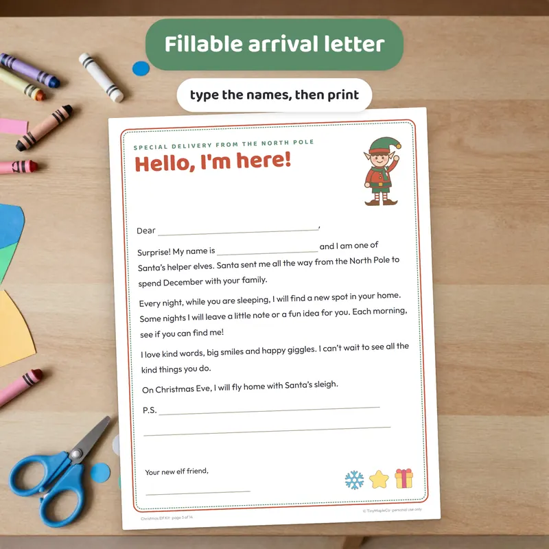 Close-up of a printable elf arrival letter