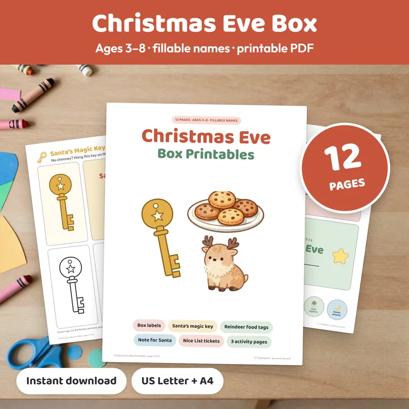 Christmas Eve box printables for kids: box label, Santa magic key and reindeer food tags