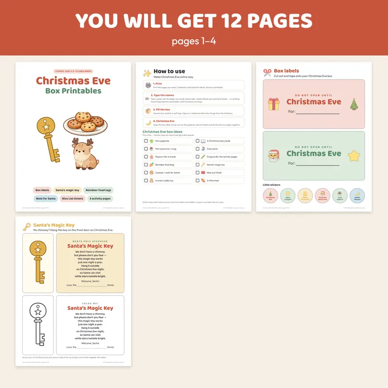 All Christmas Eve box printables laid out: labels, key, tags and Nice List tickets