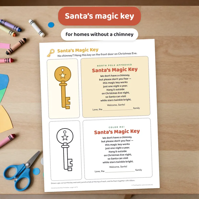 Close-up of a printable Santa magic key and poem card