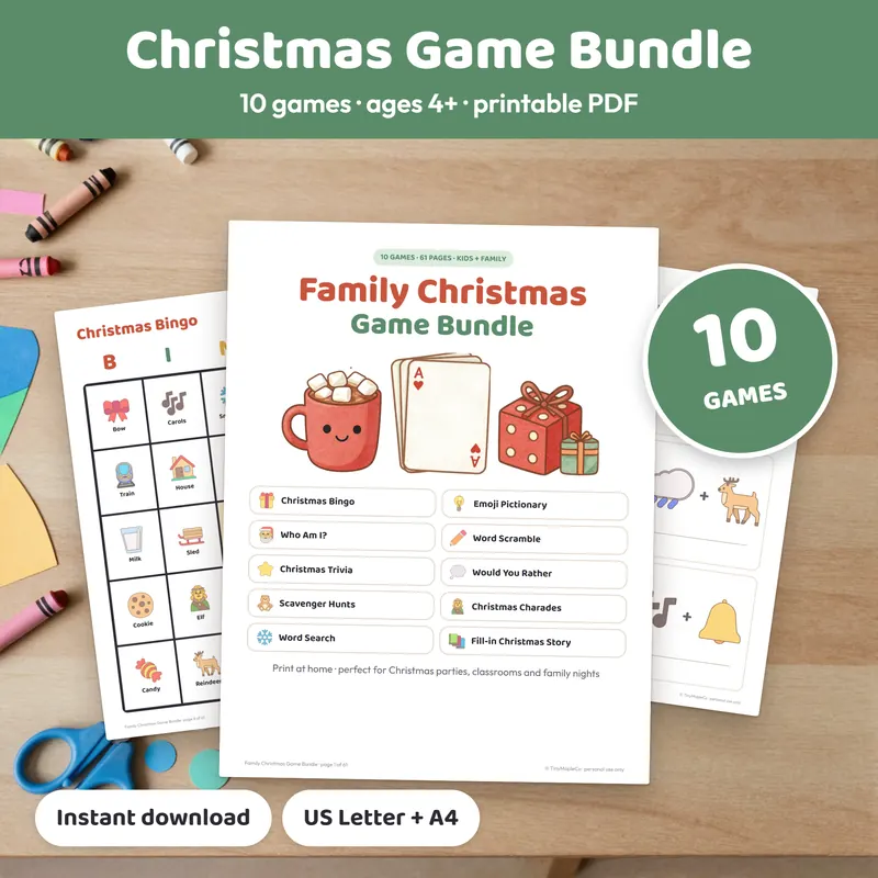 Printable family Christmas games bundle with bingo, trivia, charades and pictionary