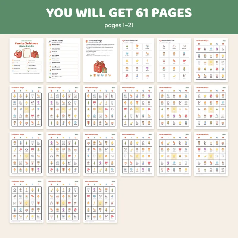 Pages from the printable Christmas games bundle including 24 bingo boards