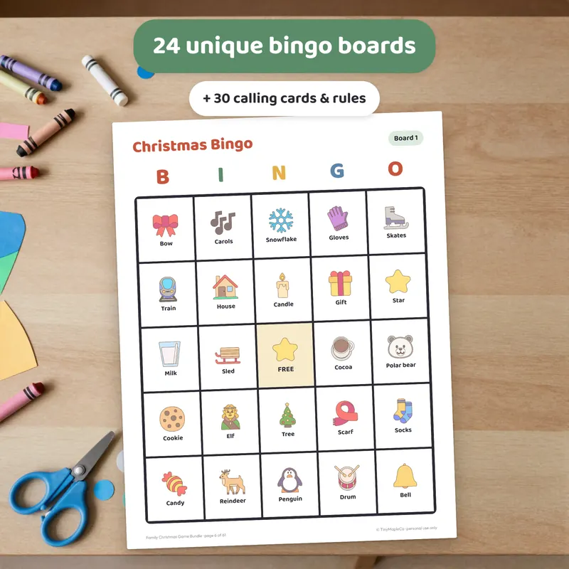 Close-up of Christmas bingo cards from the printable game bundle