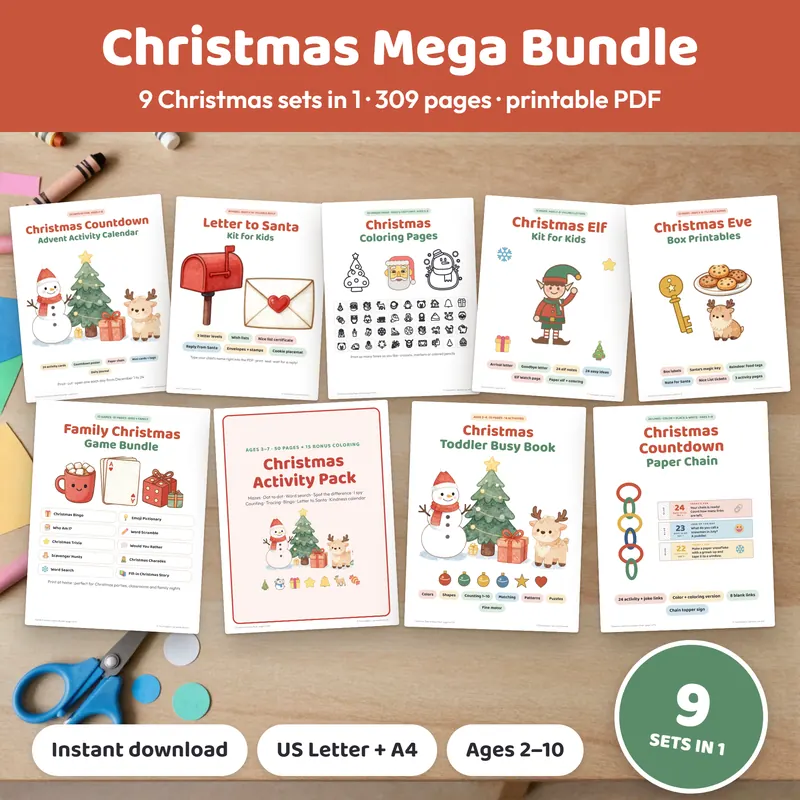 Christmas printables mega bundle for kids with 9 sets in one download