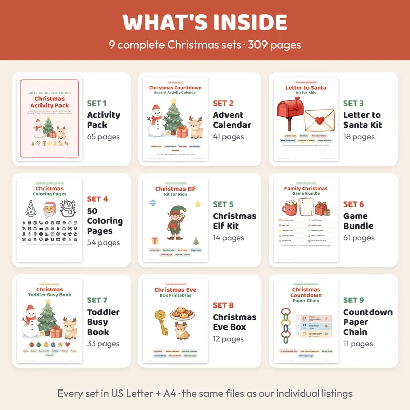 Contents of the Christmas mega bundle: nine printable sets