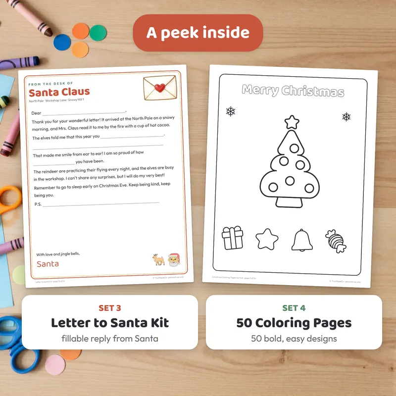 Featured pages from the sets inside the Christmas printables bundle