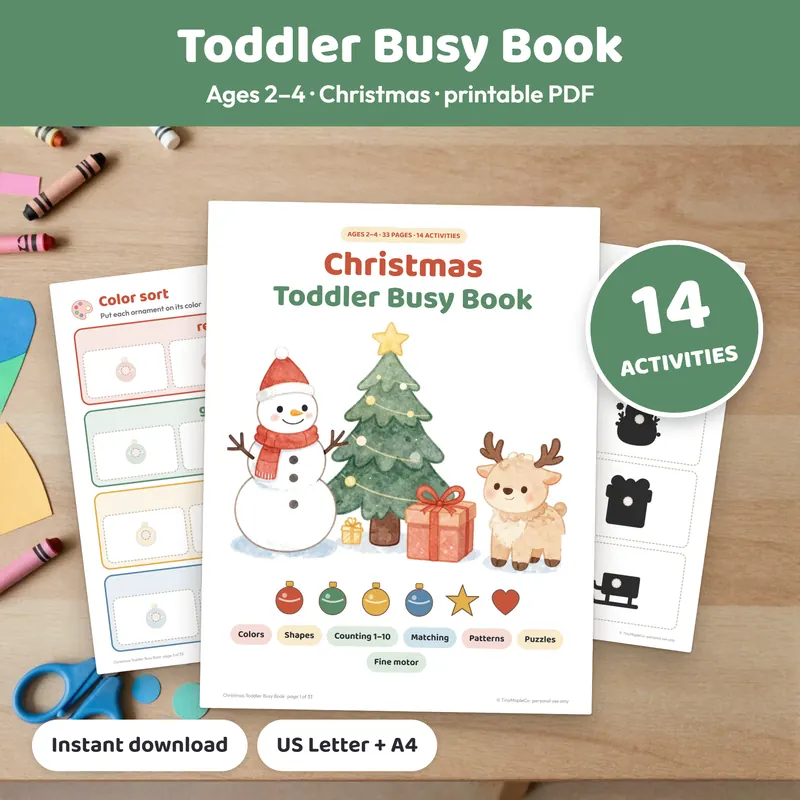 Christmas toddler busy book printable with 14 matching and counting activities for ages 2 to 4