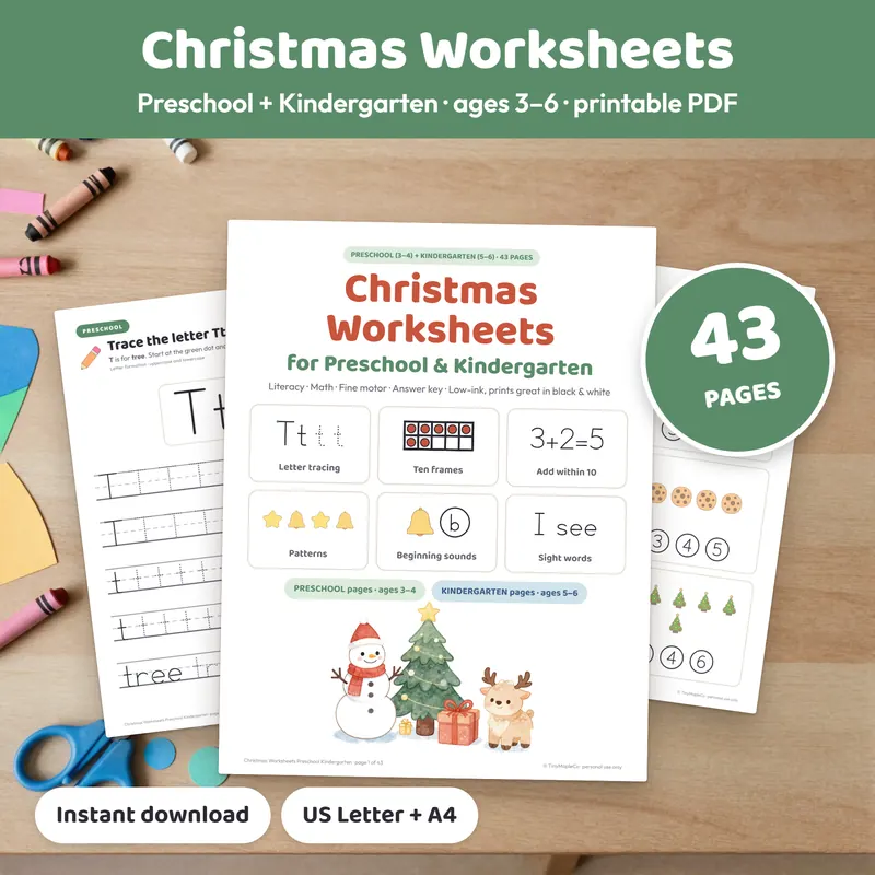 Christmas worksheets for preschool and kindergarten with letter tracing, ten frames and sight words