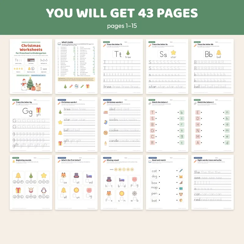 Preview of 43 Christmas math and literacy worksheets for PreK and K