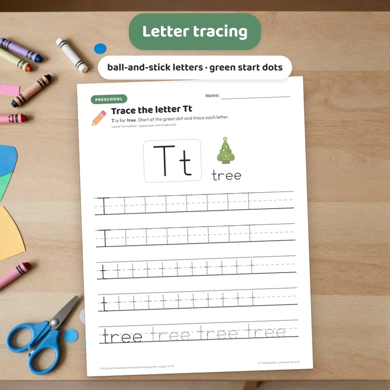 Close-up of a Christmas letter tracing worksheet for kindergarten