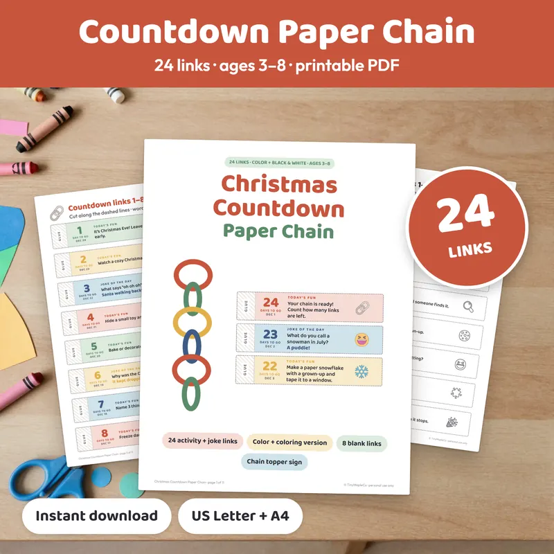 Printable Christmas countdown paper chain with 24 links of activities and jokes