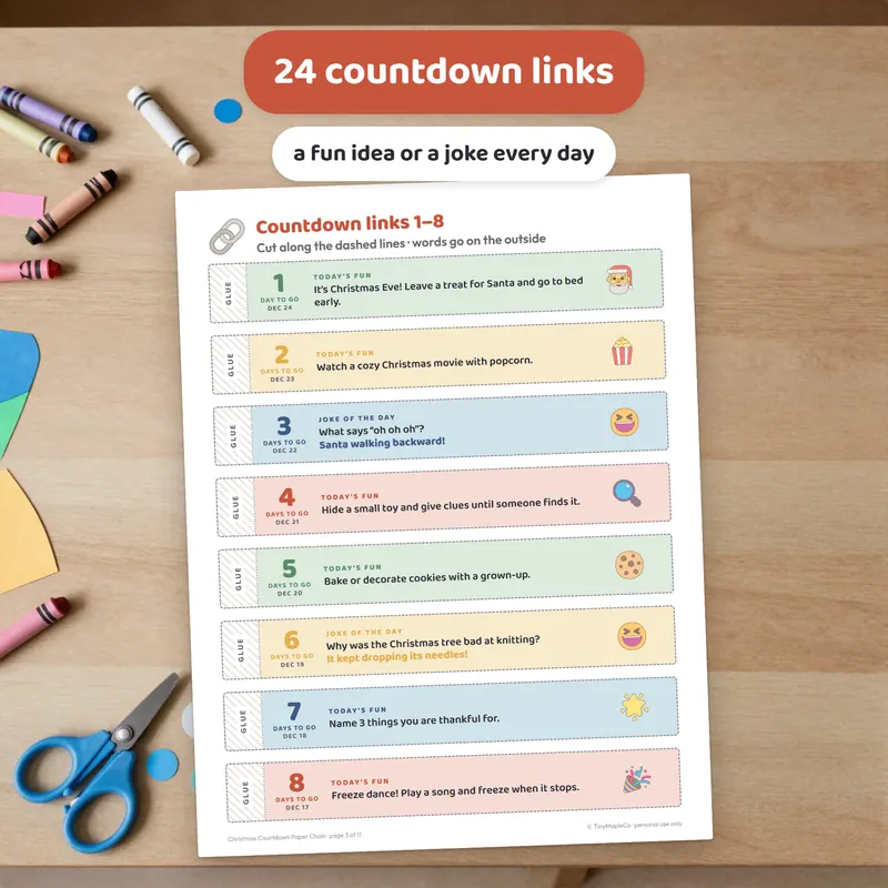 Close-up of countdown paper chain links with daily activities