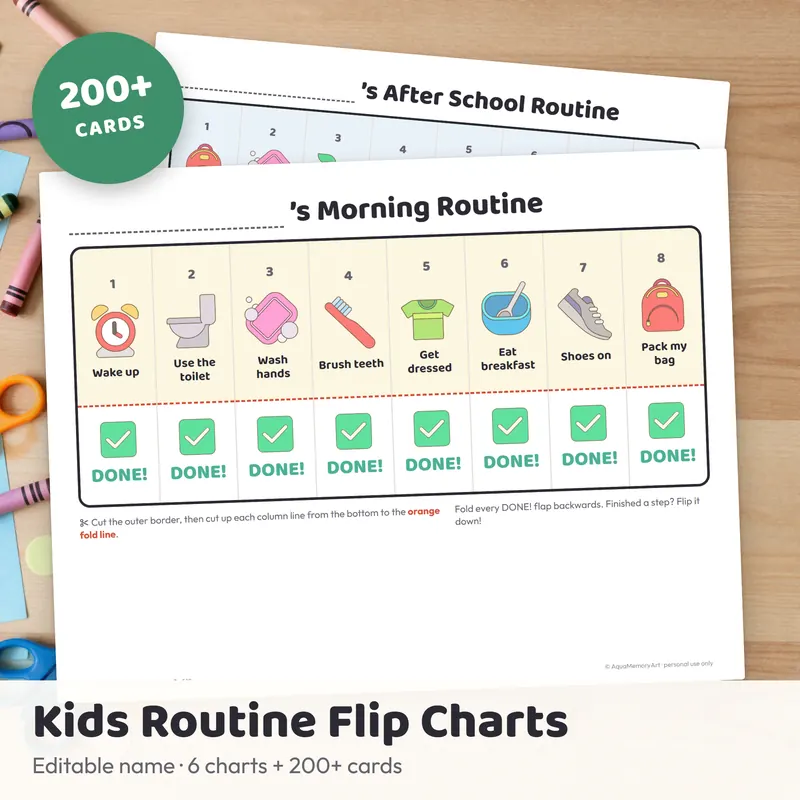 Printable kids morning routine flip chart with picture steps and DONE flaps