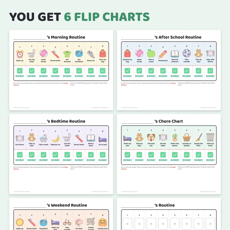 Morning, bedtime and chore routine charts from the printable flip chart bundle