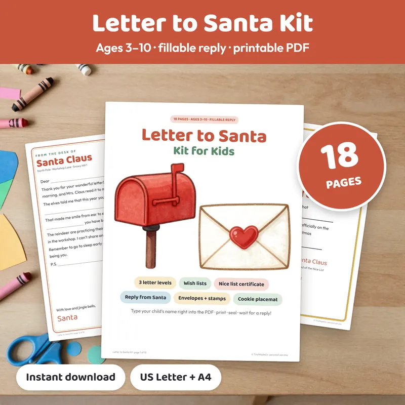 Printable Letter to Santa kit for kids ages 3 to 10 with envelope and reply letter from Santa