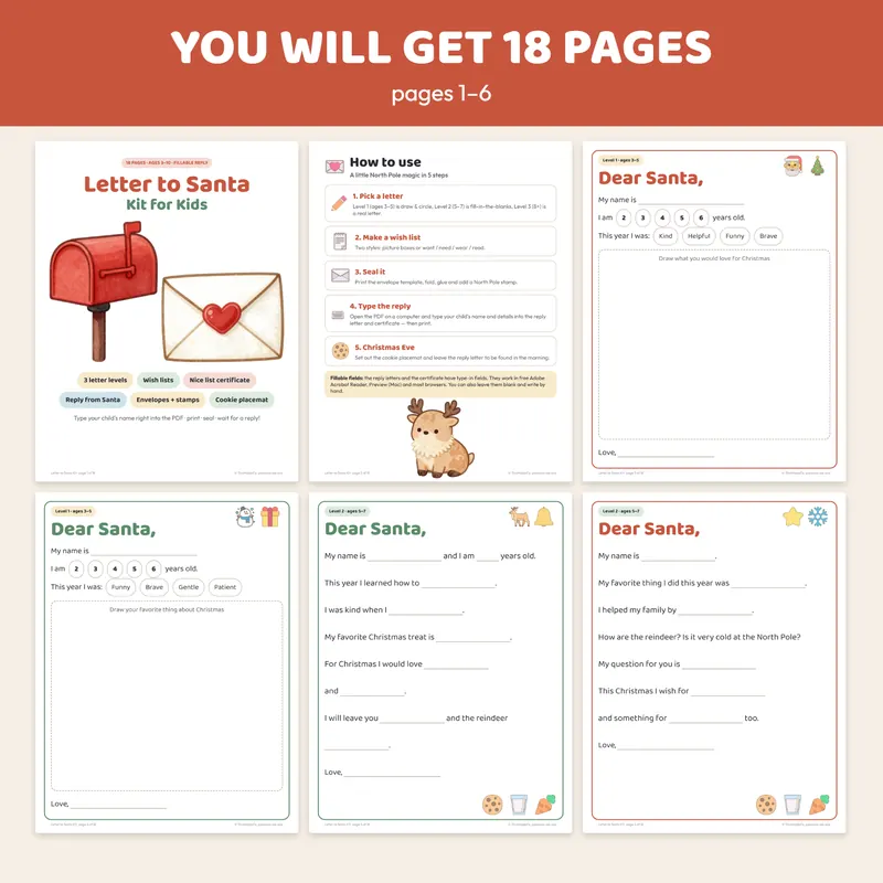 Letter to Santa templates for three age levels from the printable kit