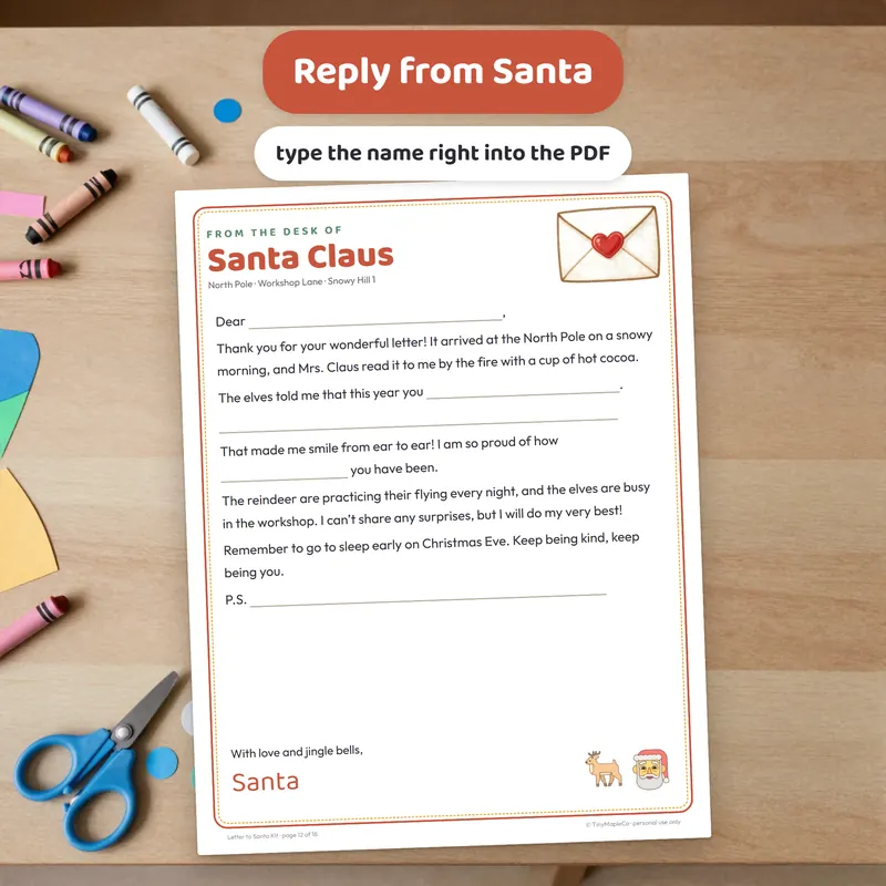 Close-up of a fillable reply letter from Santa and Nice List certificate