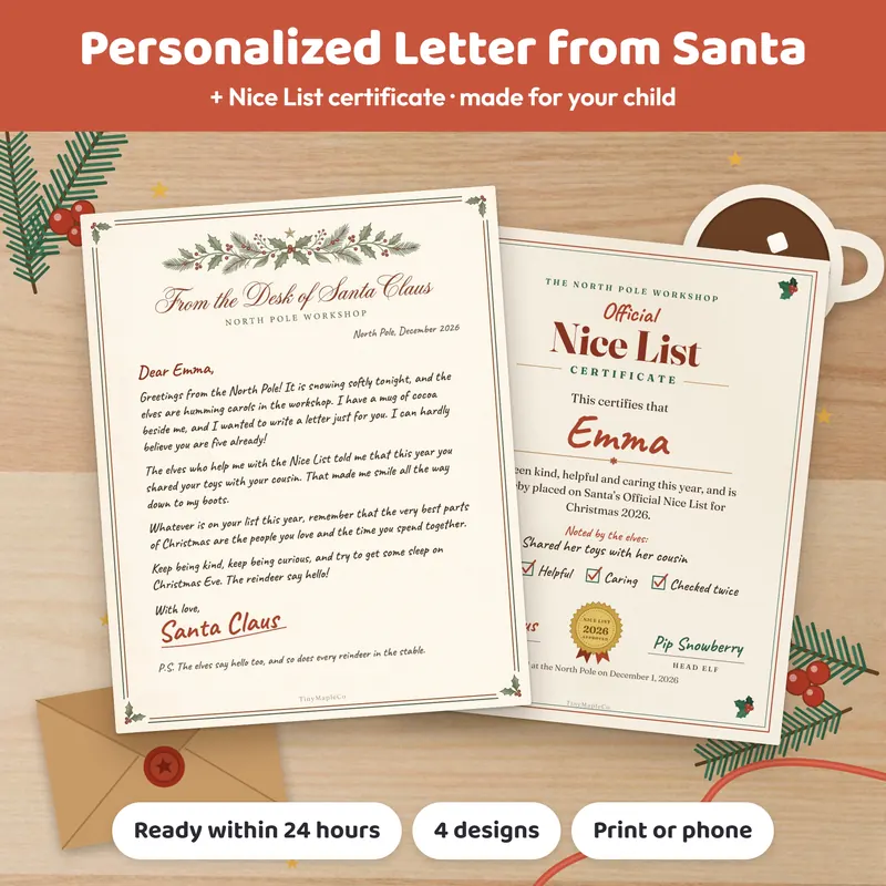 Personalized letter from Santa and Official Nice List certificate with the child’s name