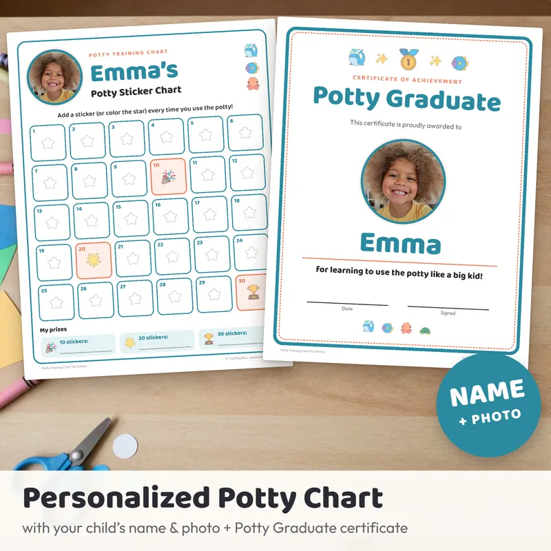 Personalized potty training sticker chart and Potty Graduate certificate with the child’s name