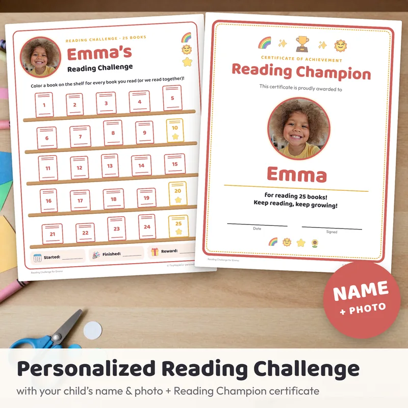 Personalized kids reading challenge tracker and Reading Champion certificate