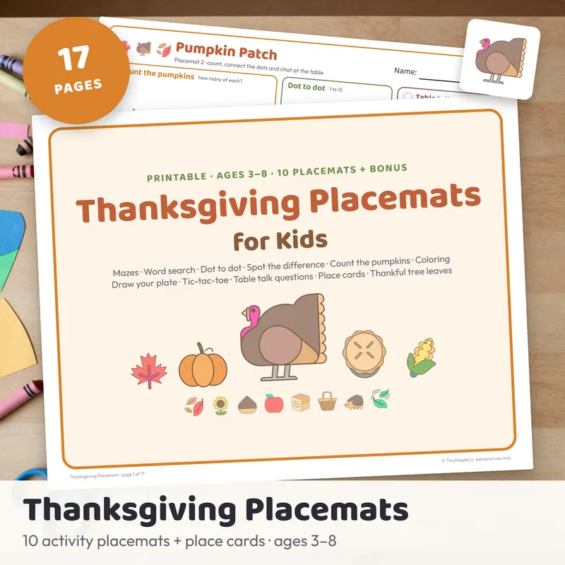 Printable Thanksgiving placemats for kids with maze, word search and coloring activities