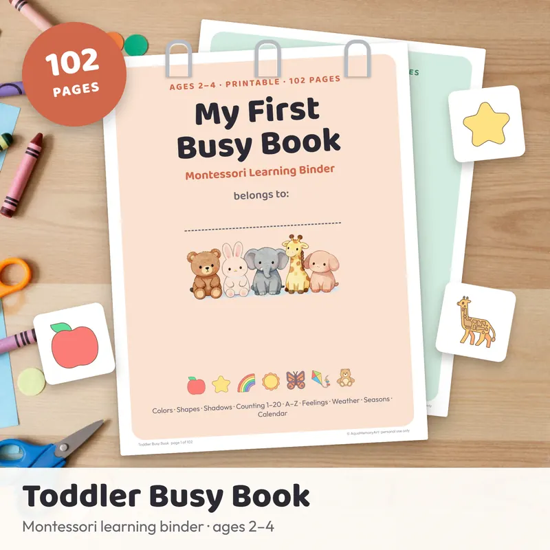 Toddler Busy Book printable cover, a Montessori-style learning binder with matching cards for ages 2 to 4