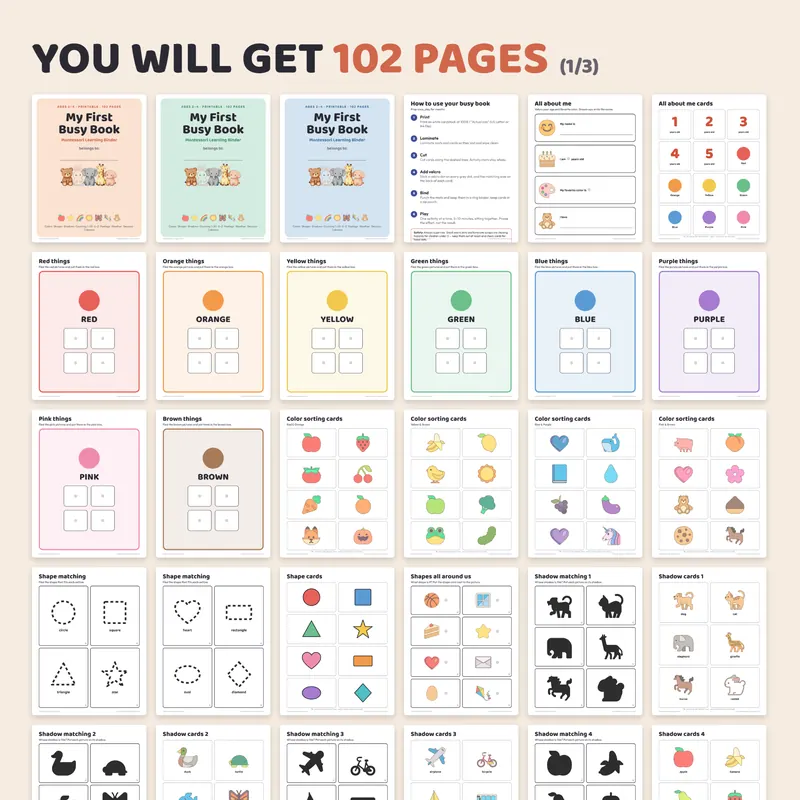 Inside pages of the printable toddler busy book with color and shape matching mats